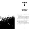 A book page features black-and-white splatter art and stars on the left. On the right: “Chapter 1. The New Kid Is Not So New,” with text about starting a new school. Perfect for fans of The Kids of Widney Junior High Take Over the World! by Schiffer Publishing, Ltd.