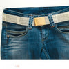 A close-up of blue jeans with a light-colored woven belt on a white background. On the left, “Paper Jewelry” by Schiffer Publishing, Ltd. is featured under BOOKS AND COMICS, along with jewelry making projects. Page numbers 140-141 are at the bottom.