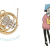 On the left, a gold French horn with the words "Do you hear a French horn?" On the right, a cartoon dog from Schiffer Publishing's "What Do You Hear?" wears a blue beret and pink sweater, playing the horn and saying “fra-bah! fra-boh!”.