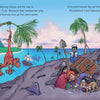 In Schiffer Publishing, Ltd.'s "The Bossy Pirate," children dressed as pirates hunt for treasure on a rocky hill as a ship sails below and a red dinosaur hangs from a palm tree, creating a colorful and playful tropical adventure.