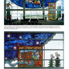 Two kiln-formed glass window installations from Glass Art From the Kiln by Schiffer Publishing, Ltd. feature vivid blue night skies, stars, spirit animals, and a sleeping figure, shining in a modern, spacious, window-filled public space.