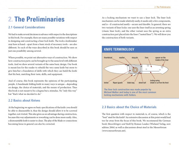 A book spread from "Liner Lock Knives" by Schiffer Publishing, Ltd. covers knife design basics: the left page details general considerations; the right shows a labeled folding knife diagram with liner lock terminology, great for workshops.