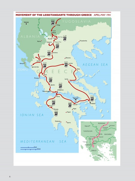 Map titled "The Leibstandarte in Greece" by Schiffer Publishing, Ltd., depicting the Leibstandarte’s 1941 routes in red from Albania and Yugoslavia through Greece to Athens, major cities and seas labeled; inset map provides extra details.