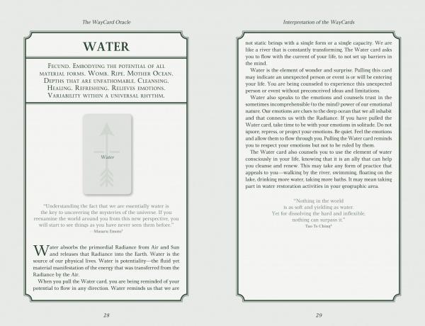 Two pages from The WayCard Oracle by Schiffer Publishing, Ltd. discuss the Water card, with the left covering symbolism and the right offering interpretation tips. Both feature a green border and serif typeface, blending cards and nature spirituality.