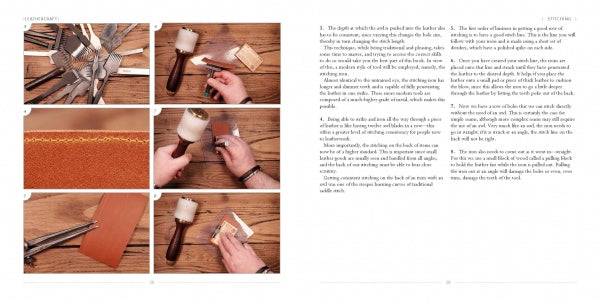 A six-step photo guide in Schiffer Publishing, Ltd.'s Leathercraft shows hands using tools to cut, smooth, and prepare leather, highlighting crafting techniques with text instructions and a strip of finished leather.