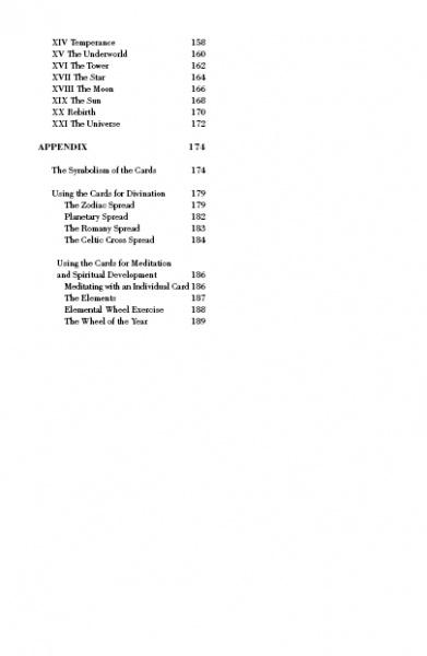 The Pagan Ways Tarot by Schiffer Publishing, Ltd. features an index of card meanings—like Temperance, The Tower, and The Star—and an appendix on tarot symbolism, spreads, meditation, and the Wheel of the Year for a Pagan deck.