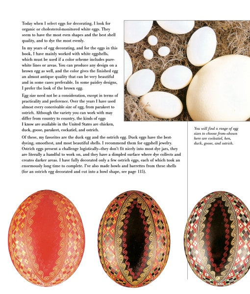 A magazine page from Schiffer Publishing, Ltd.’s Decorating Eggs shows white and speckled eggs in a nest and three ornate eggs, with text on selecting duck, goose, and exotic eggs for decorating.