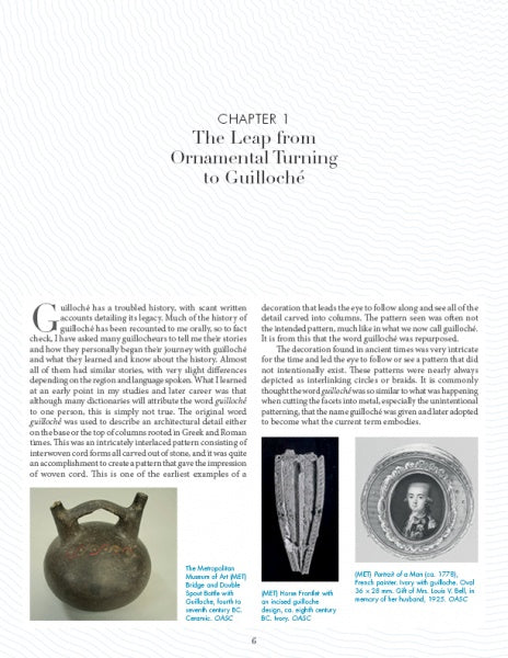 On a book page titled Chapter 1: The Leap from Ornamental Turning to Guilloché by Schiffer Publishing, Ltd., three images—an ancient jug, silver ornament, and portrait—accompany text on guilloché history and the rise of the rose engine.
