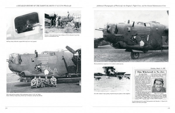Two pages from "The Famous B-24 Witchcraft" by Schiffer Publishing, Ltd. feature black-and-white photos of the B-24 bomber Witchcraft, its 8th Army Air Force crew, and a newspaper article, each with informative World War II captions.