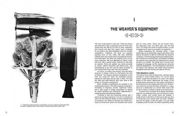 A black-and-white image from "The Art of Weaving" by Schiffer Publishing, Ltd. shows traditional weaving tools—brushes, a metal comb, and pointed tools—beside text titled “The Weaver’s Equipment” with notes on hand-weaving techniques.