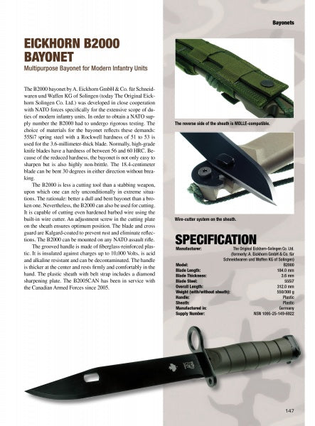 A catalog page features "Modern Knives in Combat" by Schiffer Publishing, Ltd., showcasing detailed specs, features, and images of military knives set against a camouflage background for enthusiasts.