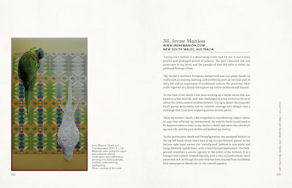 A two-page spread from "How Art Heals" by Schiffer Publishing, Ltd. displays artwork of two birds—one green, one white—on the left, and text about New South Wales artist Irene Manion with creative collage prompts on the right.