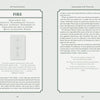 Two pages from Schiffer Publishing’s The WayCard Oracle examine the “FIRE” card. One page features the card, keywords, symbol, and meaning; the other provides a deeper interpretation of fire in nature-based spirituality.
