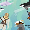 A diver in a vintage helmet explores with animal friends in "The Vanishing Baseball Cap" by Schiffer Publishing, Ltd. Bubbles rise as they ponder, “Is that the hat?” “No, that diving helmet is large. The baseball cap is small.”.