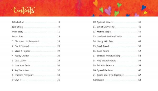 The "Thank Forward" table of contents by Schiffer Publishing, Ltd. features a red-orange background with colorful hearts and chapters on resilience, kindness, paying it forward, storytelling, mindful eating, and positivity.