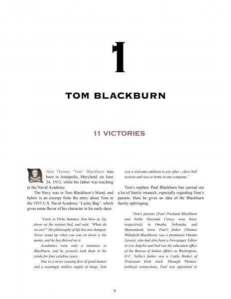 A page from "The Aces of Fighting 17" by Schiffer Publishing, Ltd. features the heading TOM BLACKBURN, subheading 11 VICTORIES, a biography with F4U Corsair service in VF-17 during WWII, career highlights, and his portrait on the left.