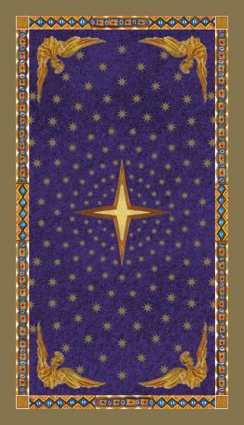 The Byzantine Tarot card back by Schiffer Publishing, Ltd. features a deep purple background, gold stars, a central gold star, four golden angels in the corners, and a border with blue, orange, and white geometric patterns.