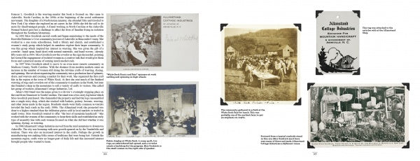 A two-page book spread in Frances L. Goodrich's Coverlet and Counterpane Drafts (Schiffer Publishing) shows text and black-and-white photos of social gatherings, outdoor events, a sign for Alabama College Students, plus captions about Appalachian weaving inspiration.