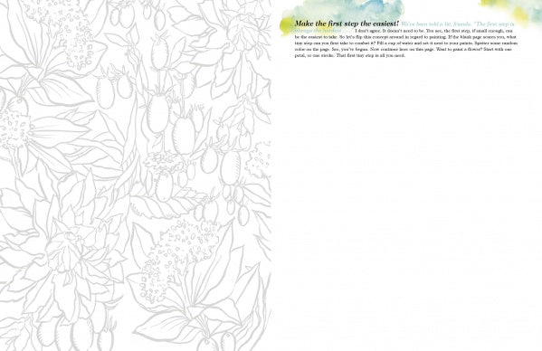 A page from The Art for Joy's Sake Journal by Schiffer Publishing features detailed, light gray floral line art on the left inspired by Kristy Rice and a motivational quote at the top right, with space below for your thoughts.