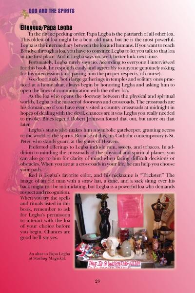 A magazine page from "Everyday Voodoo" by Schiffer Publishing, Ltd. shows text on Eleggua/Papa Legba, a photo of an altar with statues, candles, gris-gris bags, offerings, and a pink-toned image of a costumed figure with a staff.