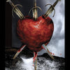 A large red heart pierced by three swords hovers over stormy waves, blood dripping from its wounds. The Pagan Ways Tarot card by Schiffer Publishing, Ltd. reads Three of Swords and Sorrow against a dark, cloudy backdrop.