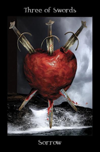 A large red heart pierced by three swords hovers over stormy waves, blood dripping from its wounds. The Pagan Ways Tarot card by Schiffer Publishing, Ltd. reads Three of Swords and Sorrow against a dark, cloudy backdrop.
