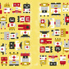 A playful pattern of cartoon robot toys in red, white, black, and yellow—all with red medical crosses—set on a yellow background. "Where Is My Robot?" by Schiffer Publishing, Ltd. is perfect for kids or a seek-and-find adventure.