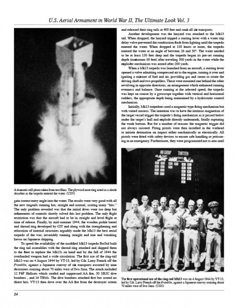 A black-and-white magazine page for Schiffer Publishing, Ltd.’s "U.S. Aerial Armament in World War II - The Ultimate Look" shows a huge bomb test explosion, descriptive text, and WWII military armament experts posing by a mission record scoreboard.