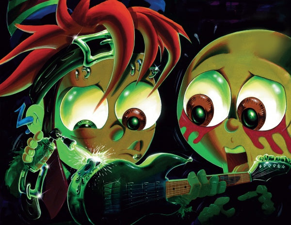 Two big-eyed, colorful cartoon characters in pop art style watch a glowing electric guitar being repaired with sparks flying. The dramatic, graphic novel-like scene is from "The Sweet Rot" by Schiffer Publishing, Ltd.