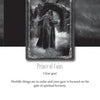 Tarot Gothica by Schiffer Publishing, Ltd. features a grayscale card with a cloaked figure before a stone archway labeled "Prince of Coins." Text below reads: Clear goal. Worldly things are in order and your gaze is focused on the gate of spiritual horizon.