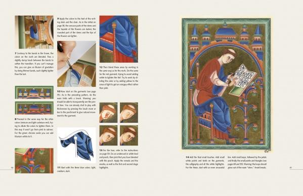A spread from "Beginning Illumination" by Schiffer Publishing, Ltd. displays step-by-step painting instructions on one page and a vivid medieval scribe artwork with gilding techniques on the other.