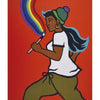 Illustration of a blue-haired teen in a green beanie, white shirt, and olive pants painting a rainbow. Set on a red background with "Teen of Create" below, inspired by Schiffer Publishing's Hip Chick Tarot deck art.