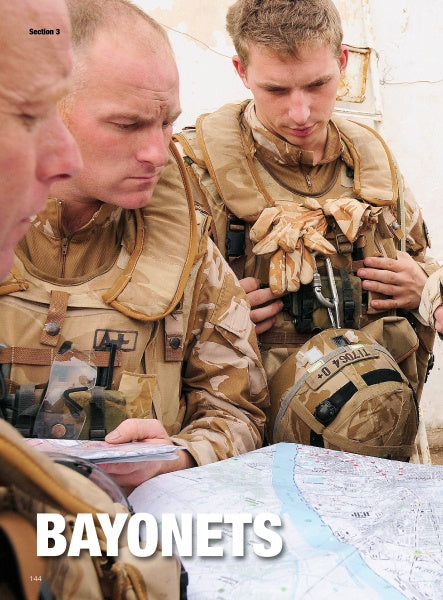 Two soldiers in camouflage and tactical vests study a map outdoors, focused on planning. "Modern Knives in Combat" by Schiffer Publishing, Ltd. is overlaid at the bottom, highlighting their readiness with military knives.