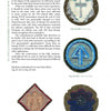 A page from Schiffer Publishing’s "U.S.-Made, Fully Machine-Embroidered, Cut Edge Shoulder Sleeve Insignia of World War II" displays four WWII patches (front and back) with descriptive text, showing varied shapes, colors, and stitching styles.