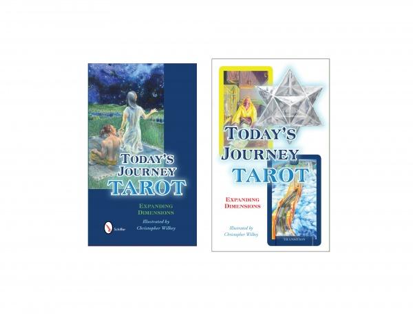 Two covers of Today's Journey Tarot by Schiffer Publishing, Ltd. are shown: the left in dark blue with an illustrated scene, the right featuring tarot imagery and geometric shapes, reflecting the deck’s focus on spiritual enlightenment.