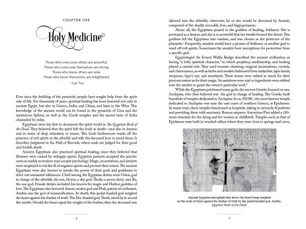 Two pages from *Healing with Spirit* by Schiffer Publishing, Ltd.: The left page features the chapter "Holy Medicine," a Lao Tzu quote, and Egyptian beliefs on illness and the afterlife; the right page has more on ancient medicine and a mummification illustration.
