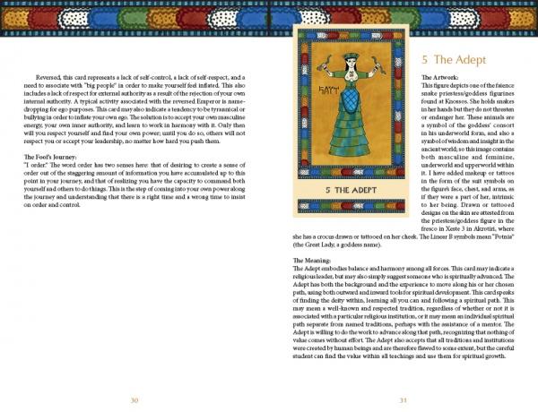 A spread from The Minoan Tarot by Schiffer Publishing, Ltd. displays “The Adept”: a robed woman with outstretched arms, ancient Crete-inspired art, and a vibrant border. Card meaning and message are printed on a cream background (pages 30–31).