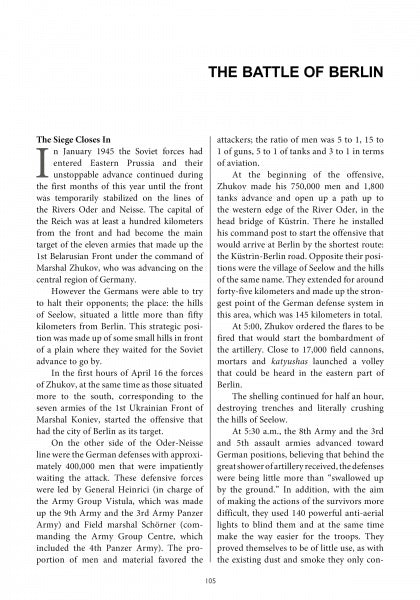 Page 105 of "The Spanish in the SS and Wehrmacht, 1944-1945" (Schiffer Publishing, Ltd.) features "THE BATTLE OF BERLIN," with two columns—one headed "The Siege Closes In," discussing Spaniards' defense of Berlin in 1945.