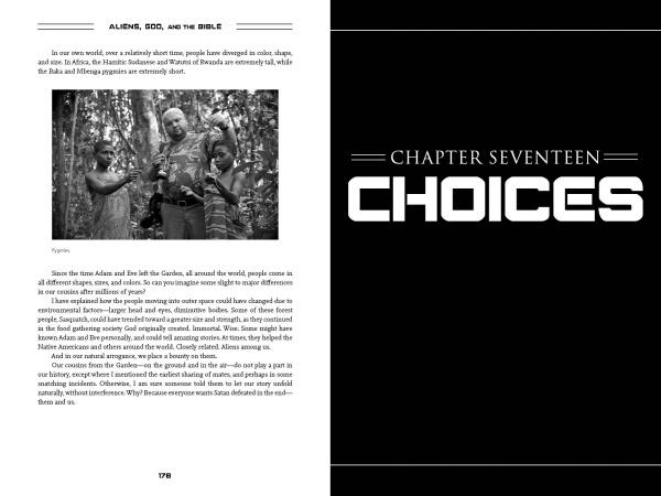 A black and white photo of three people with walking sticks in a forest appears on the left page, while the right introduces CHAPTER SEVENTEEN CHOICES in "Aliens, God, and the Bible" by Schiffer Publishing, Ltd., about Bible mysteries and religion-science gaps.