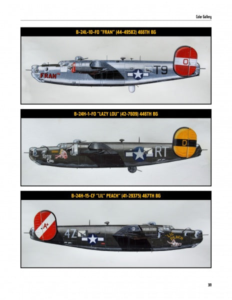 From Schiffer Publishing’s "Second in Line: Second to None"—side profiles of three 8th Air Force B-24s: FRAN (red tail), LAZY LOU (white star, nose art), and LIL PEACH (red fin tip), each with authentic unit markings.
