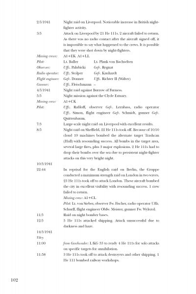 A page from Schiffer Publishing, Ltd.’s "Kampfgeschwader 53 Legion Condor" details 1941 air raids, listing dates, mission info, KG 53 bomber operations, aircraft, crew roles, and outcomes in a text-heavy table.