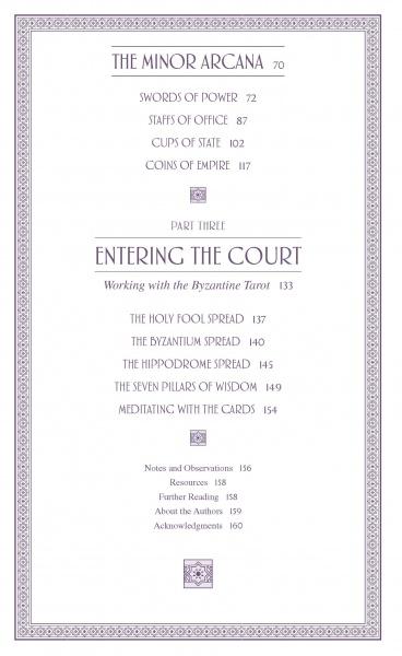 Table of contents page from The Byzantine Tarot by Schiffer Publishing, Ltd. Sections cover The Minor Arcana and Entering the Court, with subtopics like The Holy Fool Spread and The Seven Pillars of Wisdom, all inspired by the Byzantine Empire.