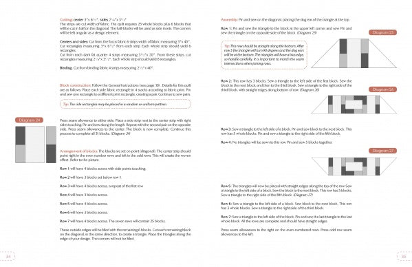 Two pages from Schiffer Publishing, Ltd.’s The Fiona Quilt Block feature text instructions and diagrams in black, gray, and white rectangles showing step-by-step quilt block assembly for easy-to-follow beginner patterns.