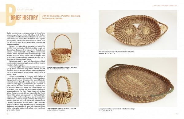 The "Award-Winning Basket Designs" spread by Schiffer Publishing, Ltd. features the history of U.S. basket weaving and four photos of intricately woven round or oval baskets with handles, shown on white backgrounds.