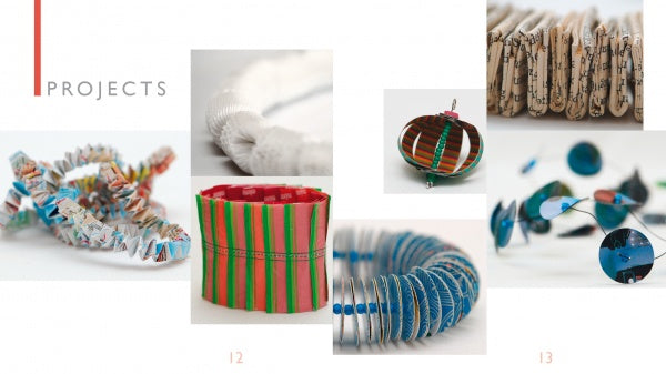 A collage of colorful paper jewelry and crafts from Schiffer Publishing, Ltd.'s Paper Jewelry features bracelets, necklaces, and decor in striped and spiral designs. Creative jewelry making projects are shown with PROJECTS on the left.