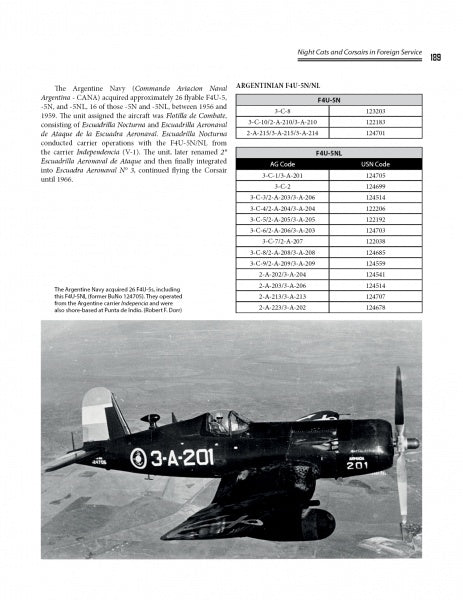 Black-and-white photo of Argentinian Navy F4U-5NL Corsair "3-A-201." Above is a table with related codes. Featured in "Night Cats and Corsairs" from Schiffer Publishing, Ltd.