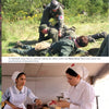 A collage from "German World War II Reenacting" by Schiffer Publishing, Ltd. shows medics with a wounded soldier outdoors above, and below, two Red Cross nurses treating patients in a Wehrmacht reenactment medical tent.