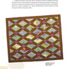The Recycled Hexie Quilts from Schiffer Publishing, Ltd. features vibrant diamond and hexagon patterns in vintage prints, bordered in brown, displayed flat on white with yellow accents. Above, text highlights the quilt's inspiration.