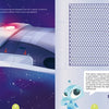 A spaceship door with red arrows is shown in space. On the right, silver buttons, a blue alien, and a text box invite users to solve puzzles in Schiffer Publishing’s Escape Game Adventure: Trapped in Space to open the door.