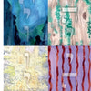 Four panels from "Kabbalah and the 22 Paths of Healing" by Schiffer Publishing, Ltd.: top left blue-green landscape, top right wood grain, bottom left yellow-gray marble, bottom right purple with red waves—each overlaid with Hebrew letters.